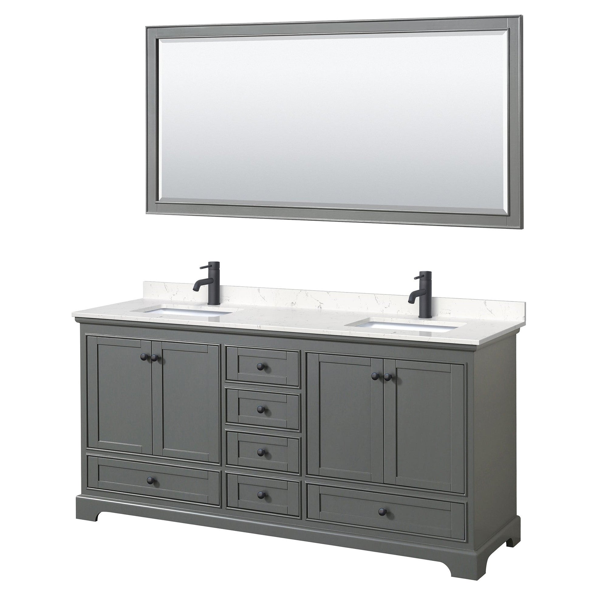 Wyndham Collection Deborah 72" Double Bathroom Vanity in Dark Gray, Carrara Cultured Marble Countertop, Undermount Square Sinks, Matte Black Trim, 70" Mirror