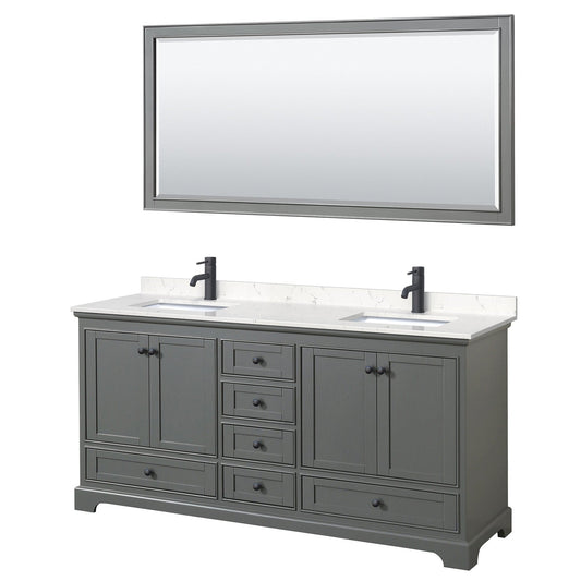 Wyndham Collection Deborah 72" Double Bathroom Vanity in Dark Gray, Carrara Cultured Marble Countertop, Undermount Square Sinks, Matte Black Trim, 70" Mirror
