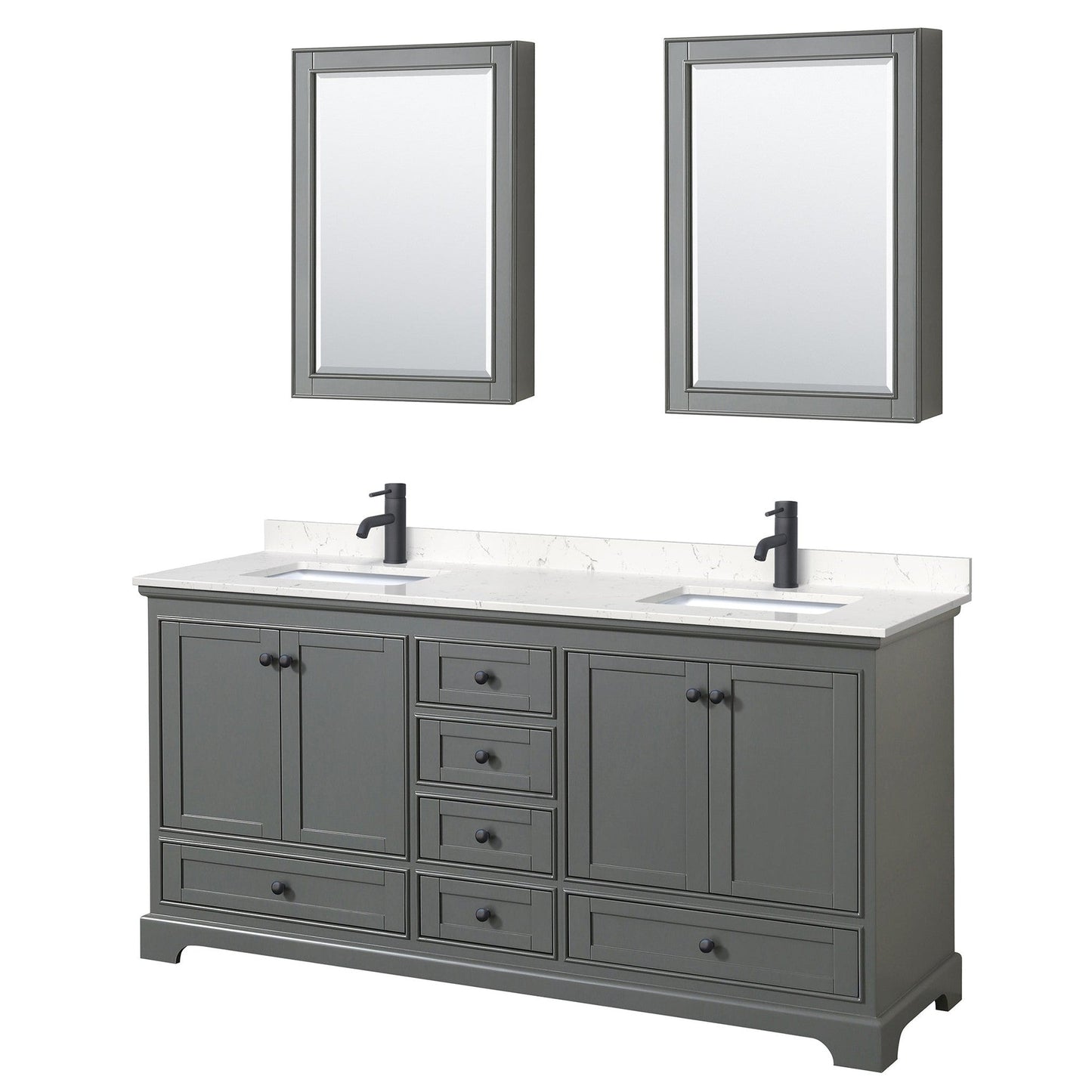 Wyndham Collection Deborah 72" Double Bathroom Vanity in Dark Gray, Carrara Cultured Marble Countertop, Undermount Square Sinks, Matte Black Trim, Medicine Cabinets