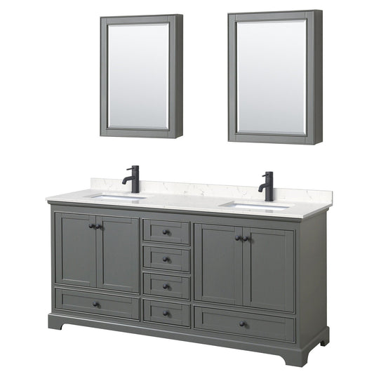 Wyndham Collection Deborah 72" Double Bathroom Vanity in Dark Gray, Carrara Cultured Marble Countertop, Undermount Square Sinks, Matte Black Trim, Medicine Cabinets