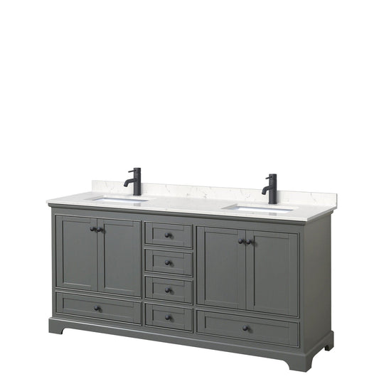 Wyndham Collection Deborah 72" Double Bathroom Vanity in Dark Gray, Carrara Cultured Marble Countertop, Undermount Square Sinks, Matte Black Trim