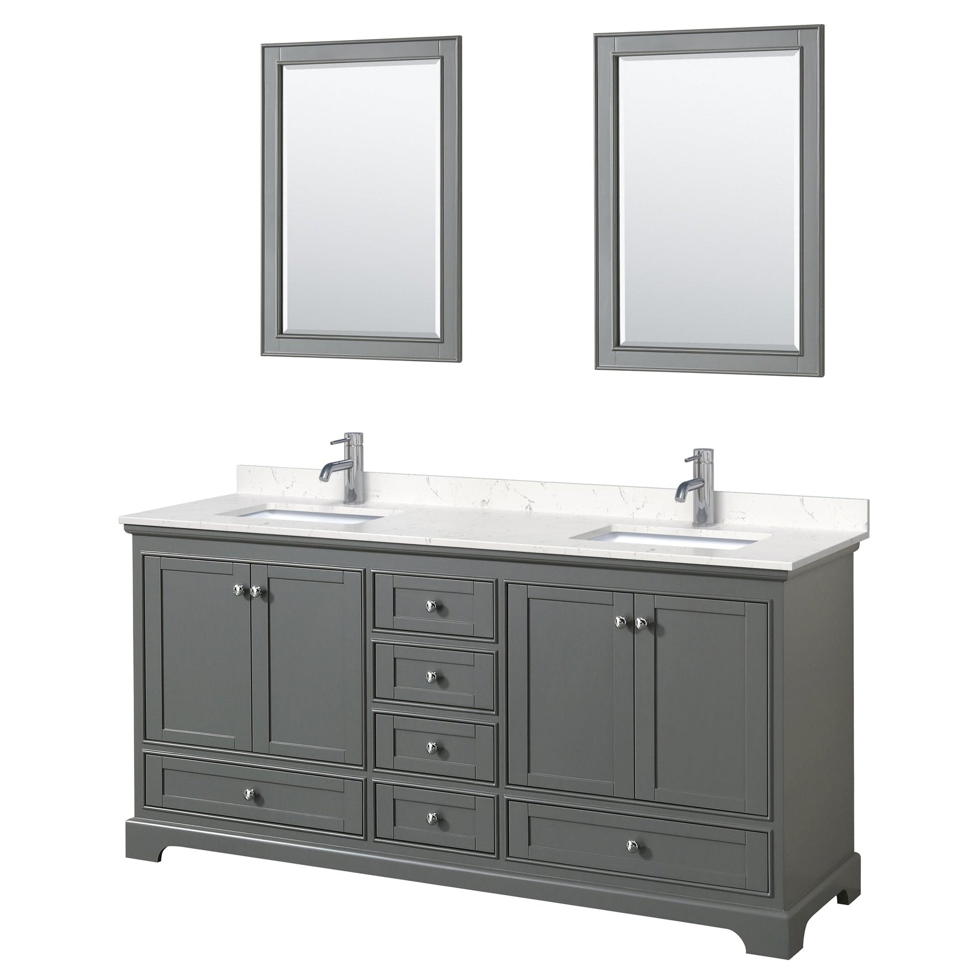 Wyndham Collection Deborah 72" Double Bathroom Vanity in Dark Gray, Light-Vein Carrara Cultured Marble Countertop, Undermount Square Sinks, 24" Mirror