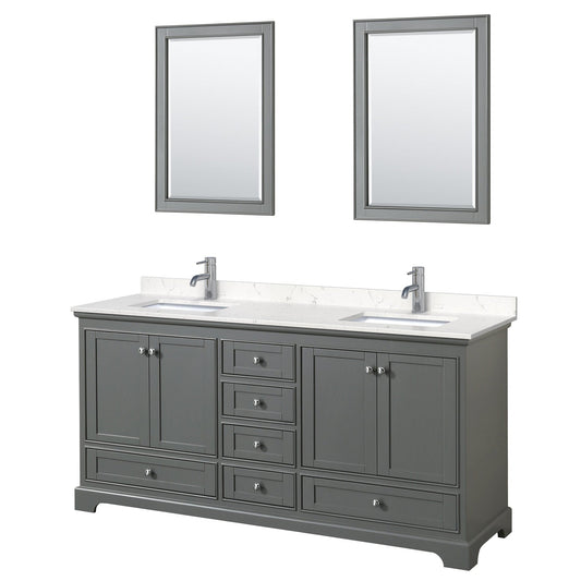 Wyndham Collection Deborah 72" Double Bathroom Vanity in Dark Gray, Light-Vein Carrara Cultured Marble Countertop, Undermount Square Sinks, 24" Mirror