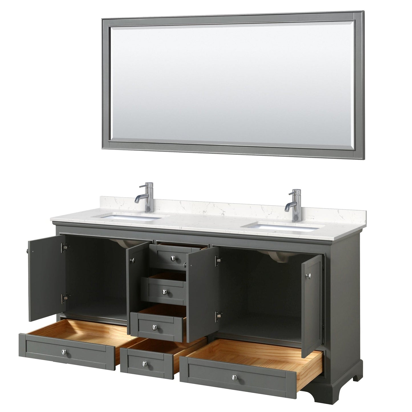 Wyndham Collection Deborah 72" Double Bathroom Vanity in Dark Gray, Light-Vein Carrara Cultured Marble Countertop, Undermount Square Sinks, 70" Mirror