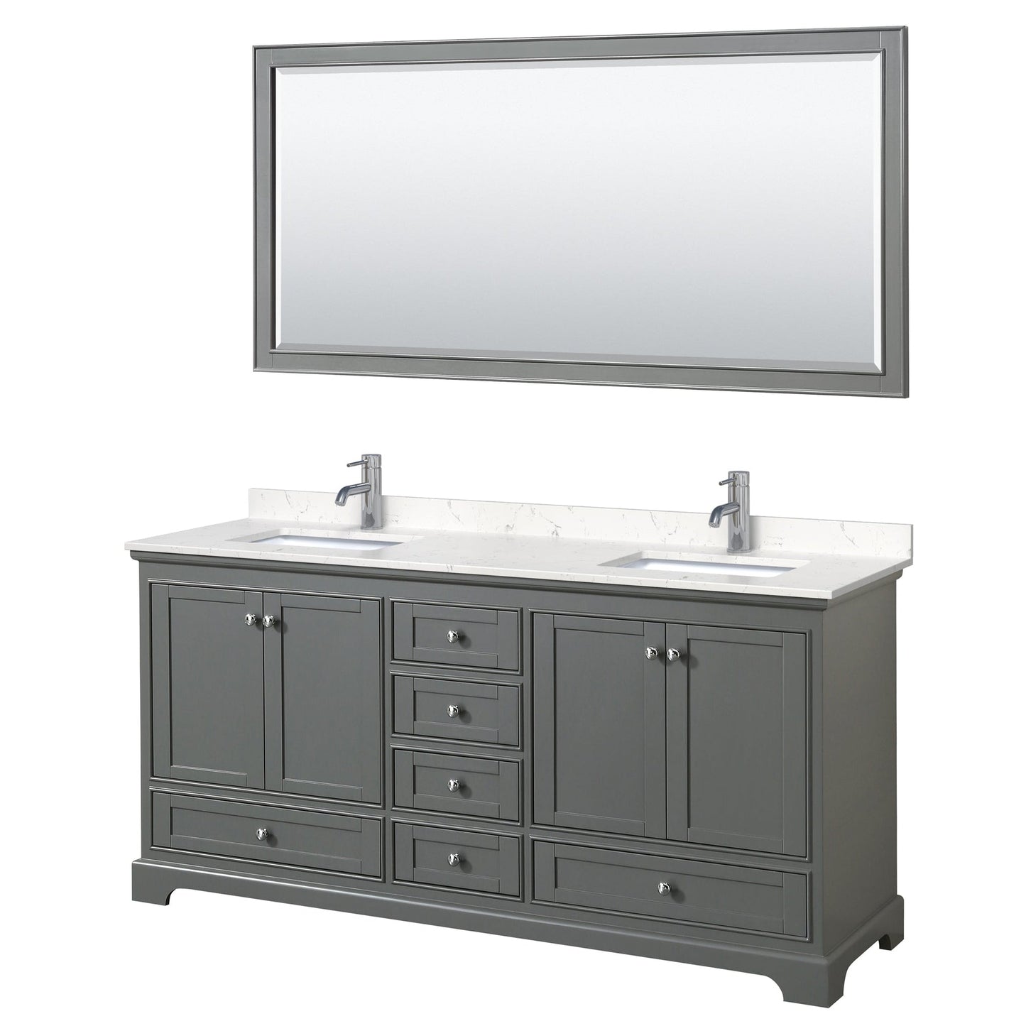 Wyndham Collection Deborah 72" Double Bathroom Vanity in Dark Gray, Light-Vein Carrara Cultured Marble Countertop, Undermount Square Sinks, 70" Mirror
