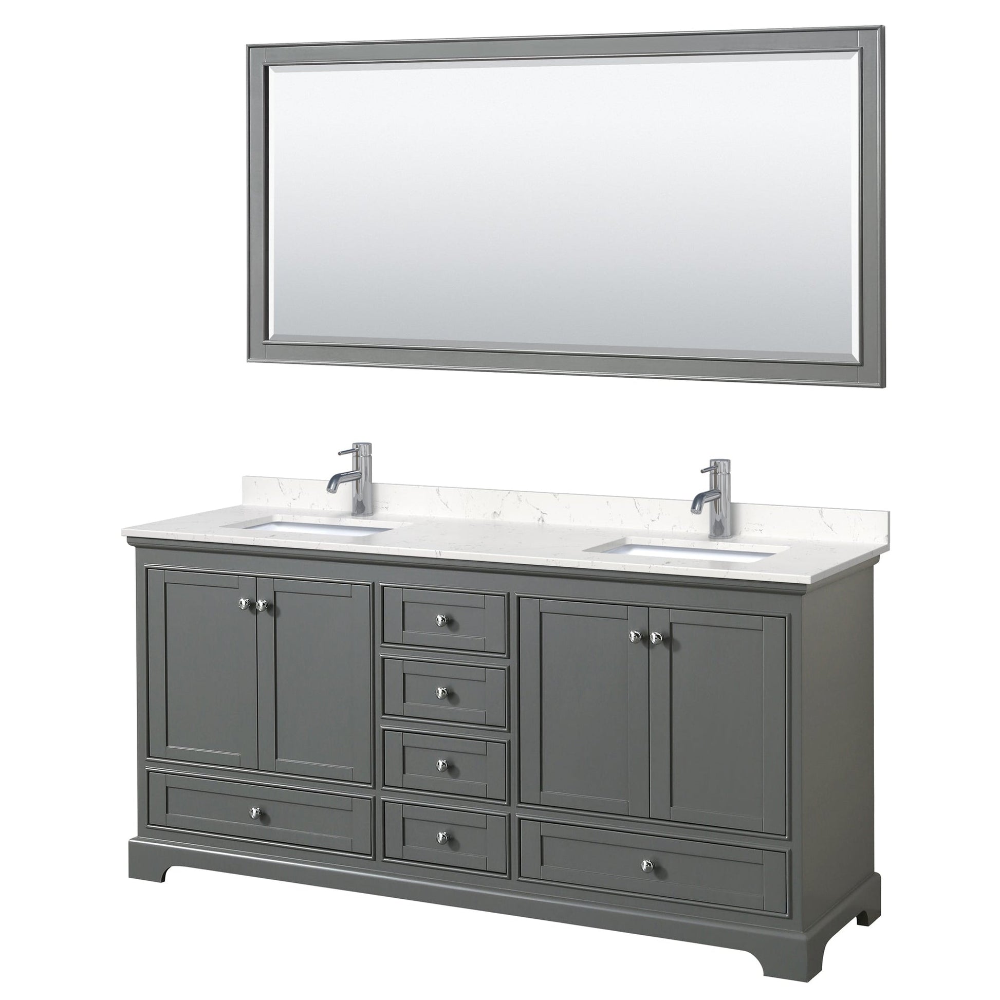Wyndham Collection Deborah 72" Double Bathroom Vanity in Dark Gray, Light-Vein Carrara Cultured Marble Countertop, Undermount Square Sinks, 70" Mirror
