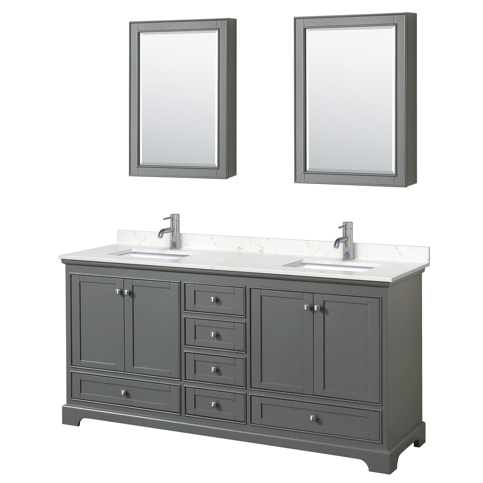 Wyndham Collection Deborah 72" Double Bathroom Vanity in Dark Gray, Light-Vein Carrara Cultured Marble Countertop, Undermount Square Sinks, Medicine Cabinet