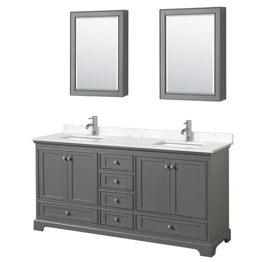 Wyndham Collection Deborah 72" Double Bathroom Vanity in Dark Gray, Light-Vein Carrara Cultured Marble Countertop, Undermount Square Sinks, Medicine Cabinet