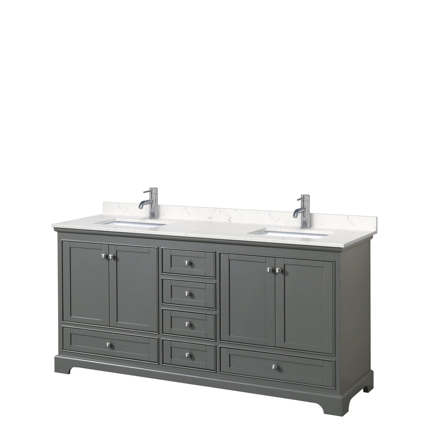 Wyndham Collection Deborah 72" Double Bathroom Vanity in Dark Gray, Light-Vein Carrara Cultured Marble Countertop, Undermount Square Sinks, No Mirror