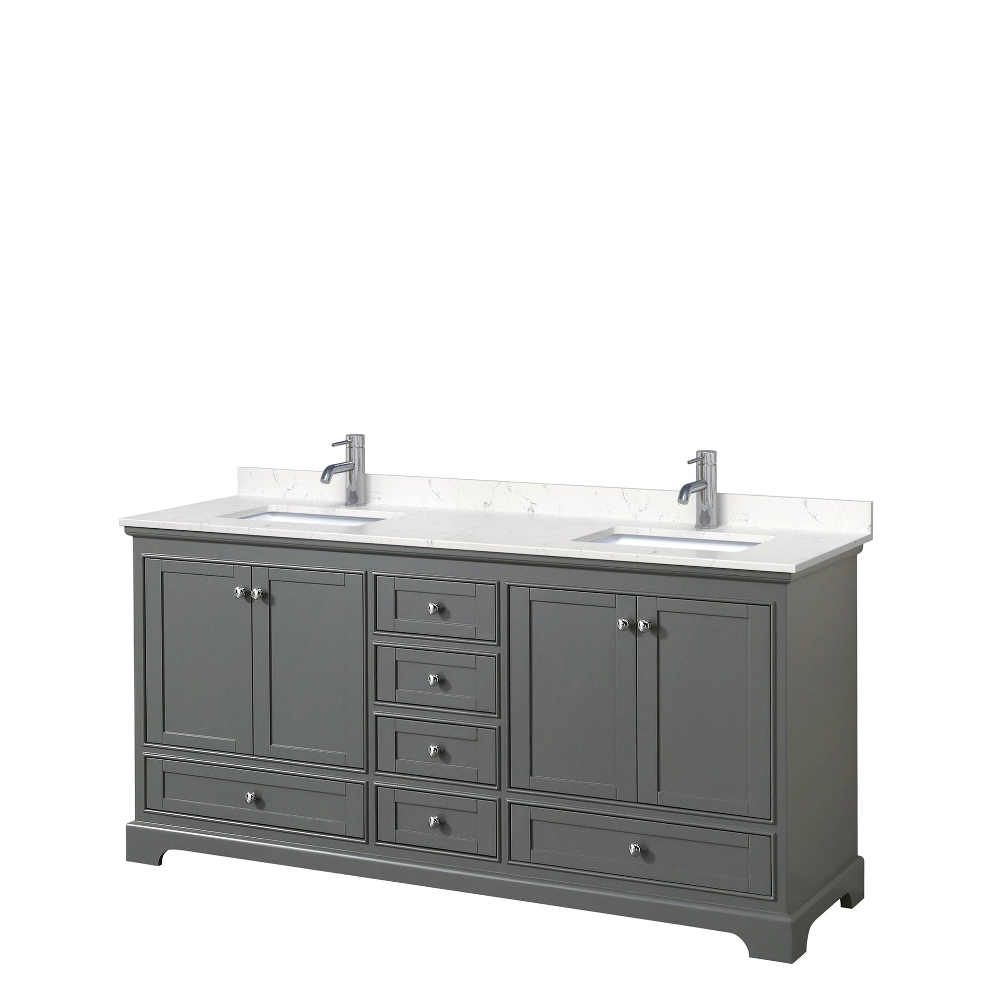 Wyndham Collection Deborah 72" Double Bathroom Vanity in Dark Gray, Light-Vein Carrara Cultured Marble Countertop, Undermount Square Sinks, No Mirror