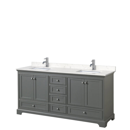 Wyndham Collection Deborah 72" Double Bathroom Vanity in Dark Gray, Light-Vein Carrara Cultured Marble Countertop, Undermount Square Sinks, No Mirror