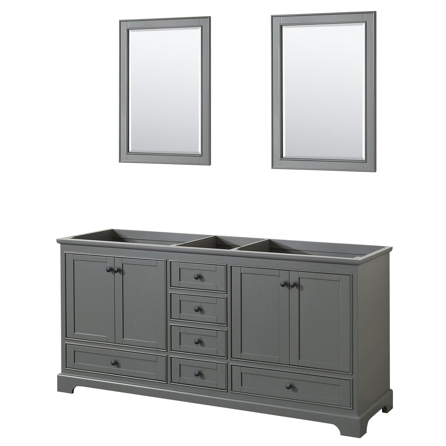 Wyndham Collection Deborah 72" Double Bathroom Vanity in Dark Gray, No Countertop, No Sinks, Matte Black Trim, 24" Mirrors