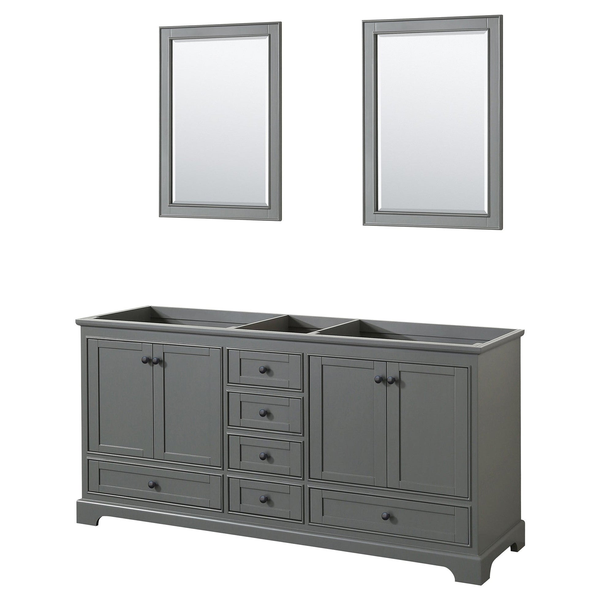 Wyndham Collection Deborah 72" Double Bathroom Vanity in Dark Gray, No Countertop, No Sinks, Matte Black Trim, 24" Mirrors