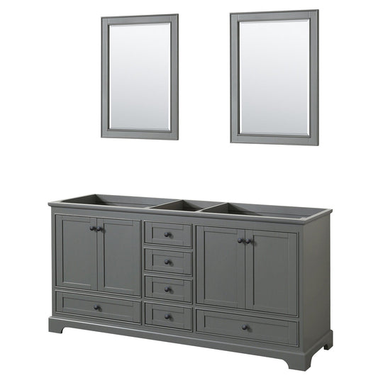 Wyndham Collection Deborah 72" Double Bathroom Vanity in Dark Gray, No Countertop, No Sinks, Matte Black Trim, 24" Mirrors