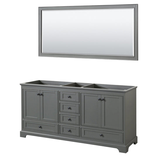 Wyndham Collection Deborah 72" Double Bathroom Vanity in Dark Gray, No Countertop, No Sinks, Matte Black Trim, 70" Mirror