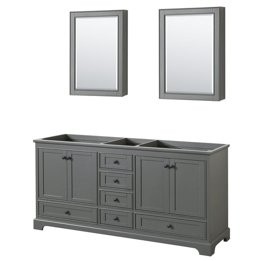 Wyndham Collection Deborah 72" Double Bathroom Vanity in Dark Gray, No Countertop, No Sinks, Matte Black Trim, Medicine Cabinets