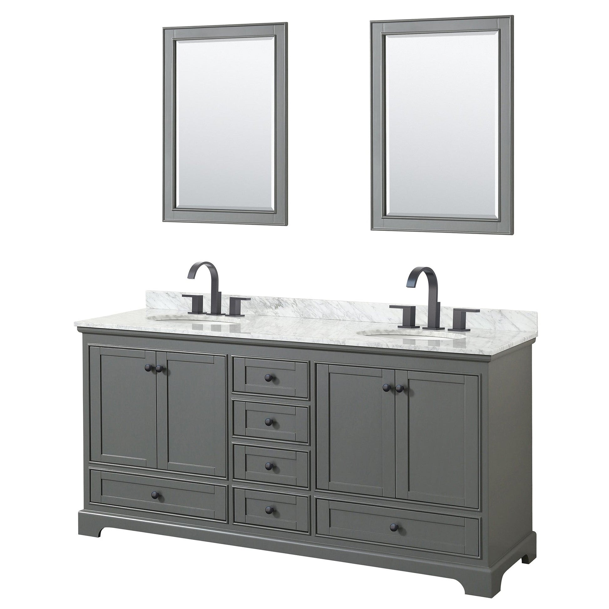 Wyndham Collection Deborah 72" Double Bathroom Vanity in Dark Gray, White Carrara Marble Countertop, Undermount Oval Sinks, Matte Black Trim, 24" Mirrors