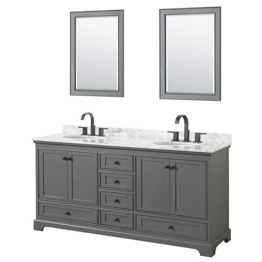 Wyndham Collection Deborah 72" Double Bathroom Vanity in Dark Gray, White Carrara Marble Countertop, Undermount Oval Sinks, Matte Black Trim, 24" Mirrors