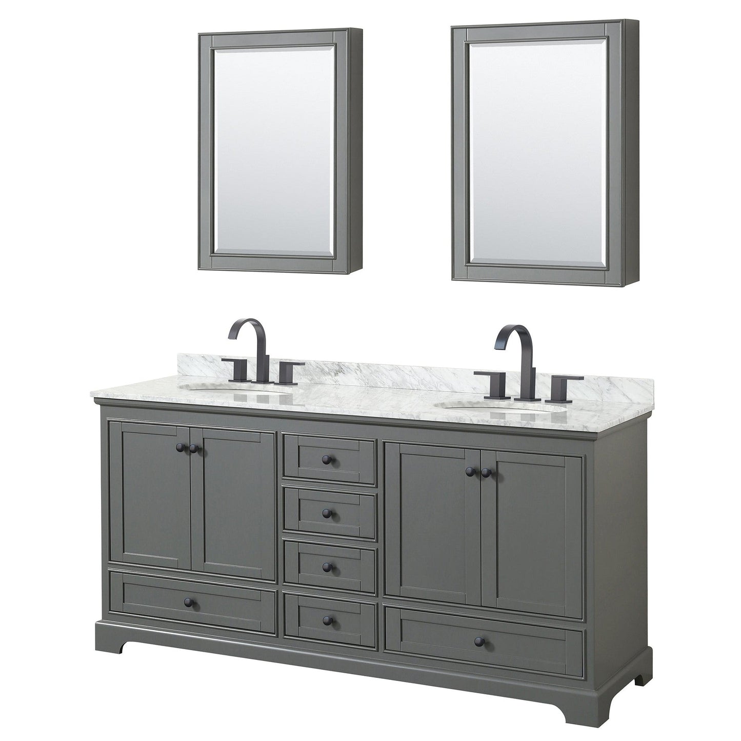 Wyndham Collection Deborah 72" Double Bathroom Vanity in Dark Gray, White Carrara Marble Countertop, Undermount Oval Sinks, Matte Black Trim, Medicine Cabinets