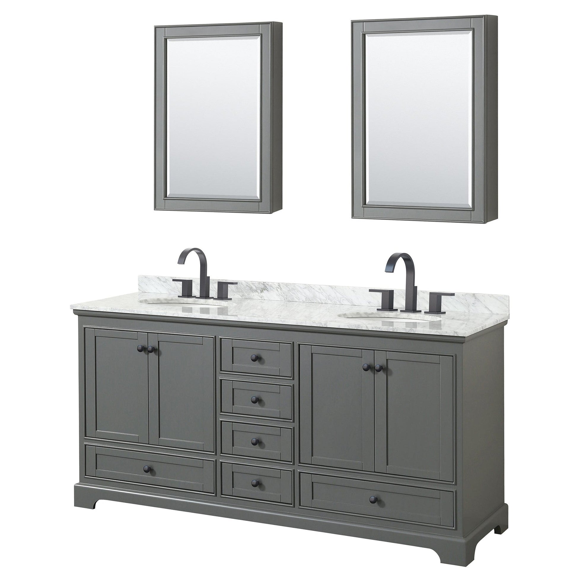 Wyndham Collection Deborah 72" Double Bathroom Vanity in Dark Gray, White Carrara Marble Countertop, Undermount Oval Sinks, Matte Black Trim, Medicine Cabinets