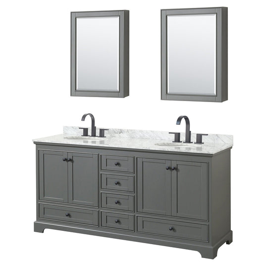 Wyndham Collection Deborah 72" Double Bathroom Vanity in Dark Gray, White Carrara Marble Countertop, Undermount Oval Sinks, Matte Black Trim, Medicine Cabinets