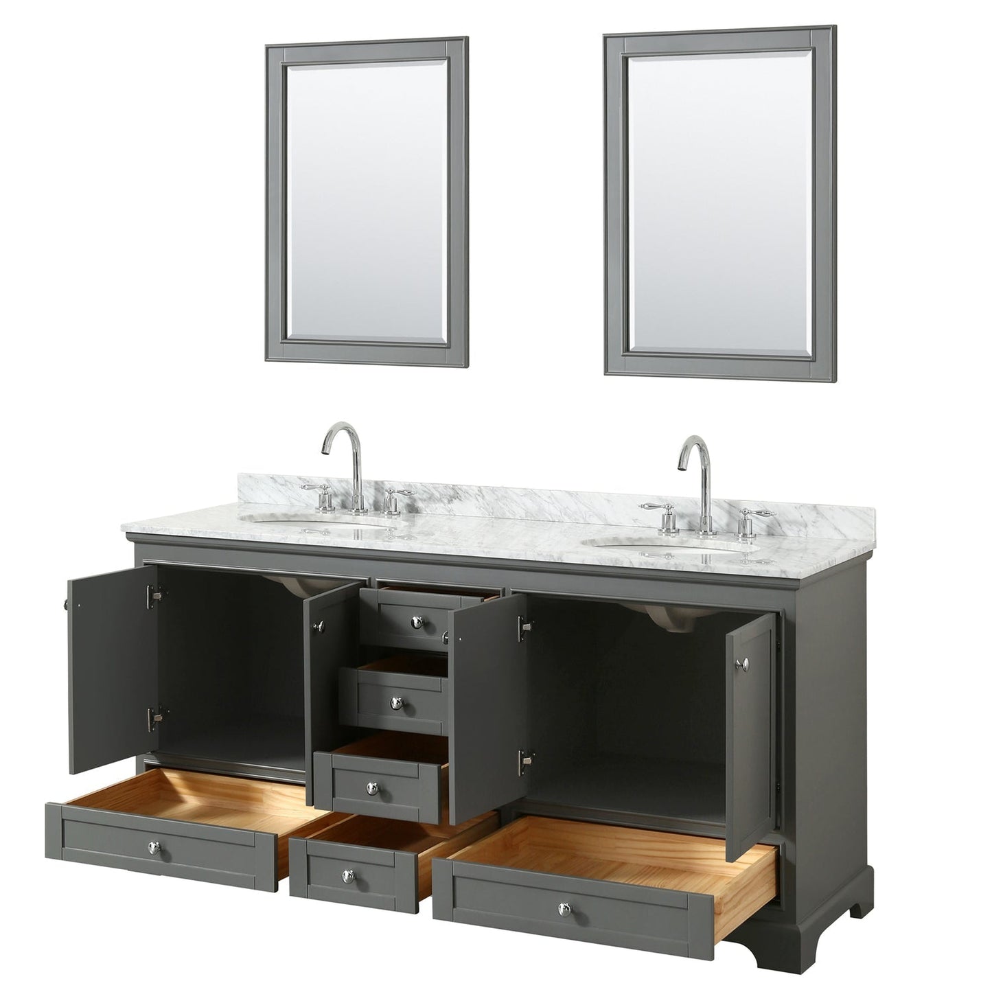 Wyndham Collection Deborah 72" Double Bathroom Vanity in Dark Gray, White Carrara Marble Countertop, Undermount Oval Sinks, and 24" Mirror