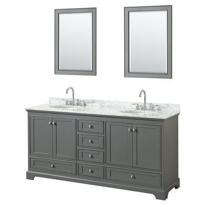 Wyndham Collection Deborah 72" Double Bathroom Vanity in Dark Gray, White Carrara Marble Countertop, Undermount Oval Sinks, and 24" Mirror