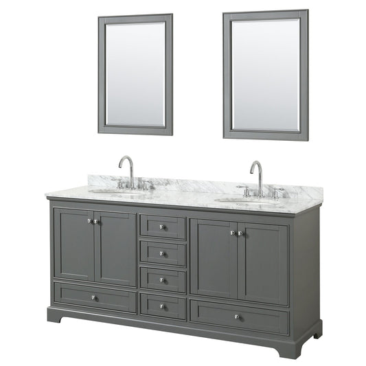 Wyndham Collection Deborah 72" Double Bathroom Vanity in Dark Gray, White Carrara Marble Countertop, Undermount Oval Sinks, and 24" Mirror