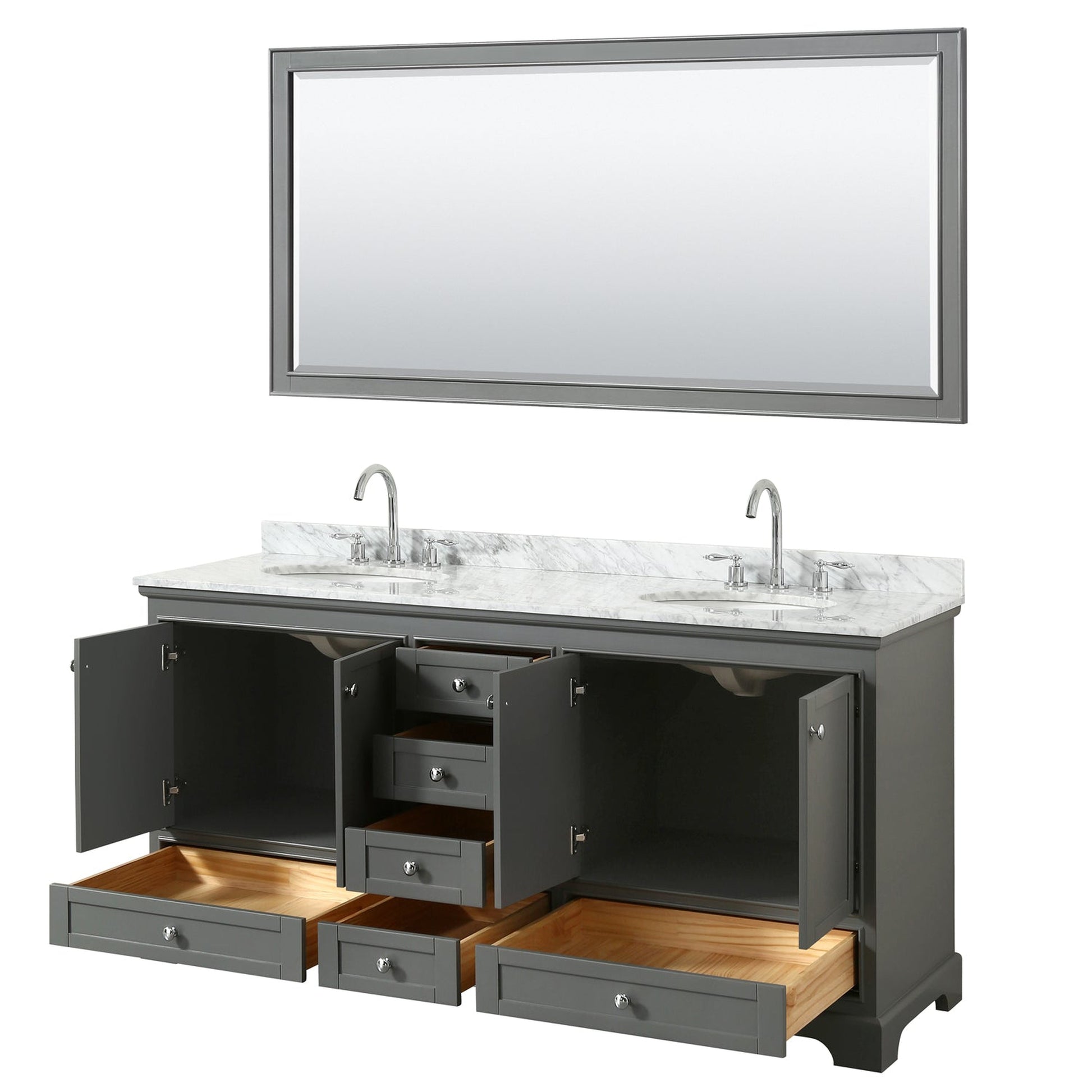 Wyndham Collection Deborah 72" Double Bathroom Vanity in Dark Gray, White Carrara Marble Countertop, Undermount Oval Sinks, and 70" Mirror