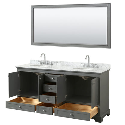 Wyndham Collection Deborah 72" Double Bathroom Vanity in Dark Gray, White Carrara Marble Countertop, Undermount Oval Sinks, and 70" Mirror