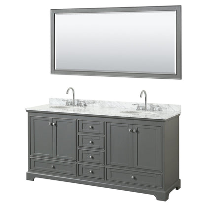 Wyndham Collection Deborah 72" Double Bathroom Vanity in Dark Gray, White Carrara Marble Countertop, Undermount Oval Sinks, and 70" Mirror