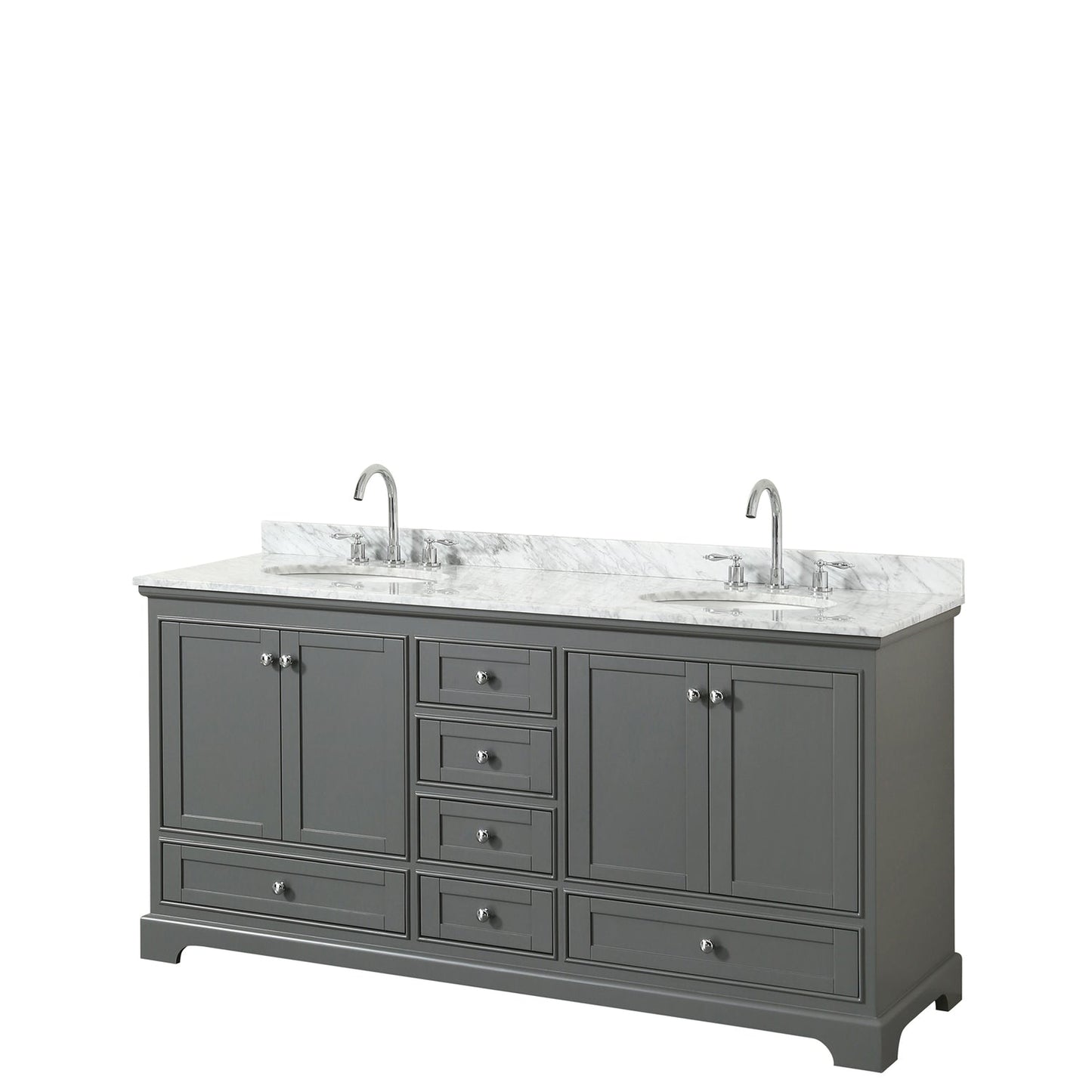 Wyndham Collection Deborah 72" Double Bathroom Vanity in Dark Gray, White Carrara Marble Countertop, Undermount Oval Sinks, and No Mirror