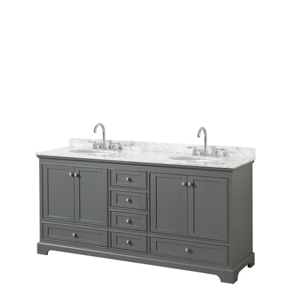 Wyndham Collection Deborah 72" Double Bathroom Vanity in Dark Gray, White Carrara Marble Countertop, Undermount Oval Sinks, and No Mirror