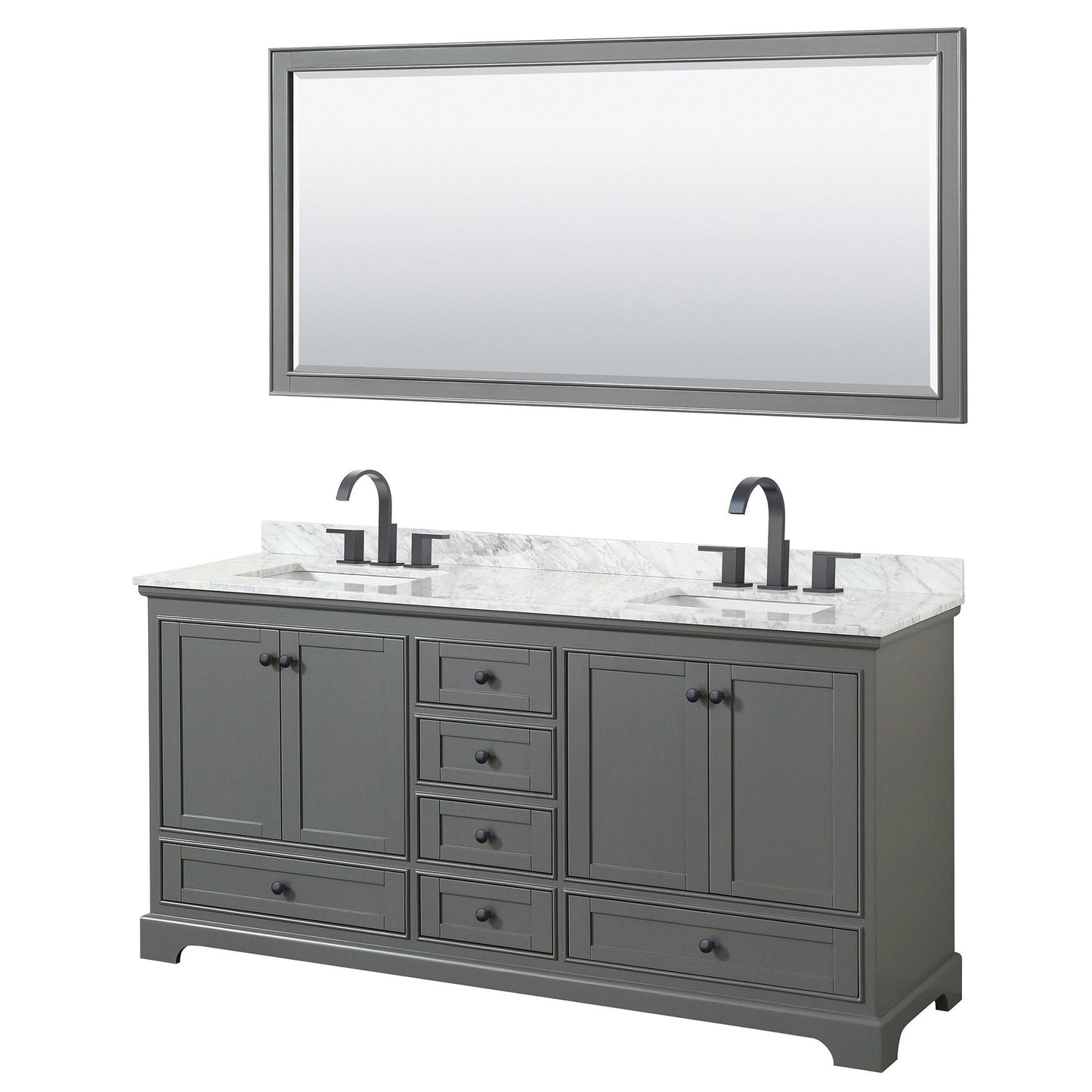 Wyndham Collection Deborah 72" Double Bathroom Vanity in Dark Gray, White Carrara Marble Countertop, Undermount Square Sinks, Matte Black Trim, 70" Mirror