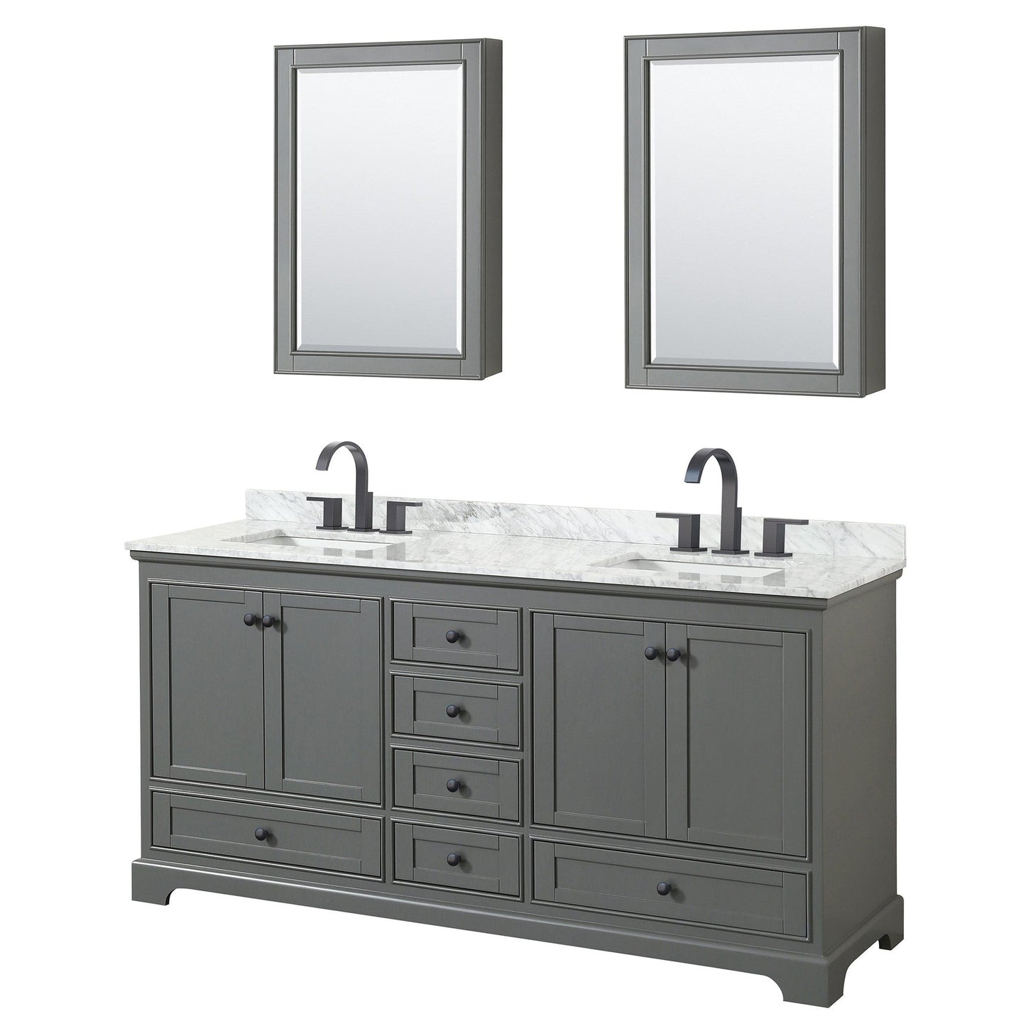 Wyndham Collection Deborah 72" Double Bathroom Vanity in Dark Gray, White Carrara Marble Countertop, Undermount Square Sinks, Matte Black Trim, Medicine Cabinets