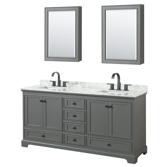 Wyndham Collection Deborah 72" Double Bathroom Vanity in Dark Gray, White Carrara Marble Countertop, Undermount Square Sinks, Matte Black Trim, Medicine Cabinets