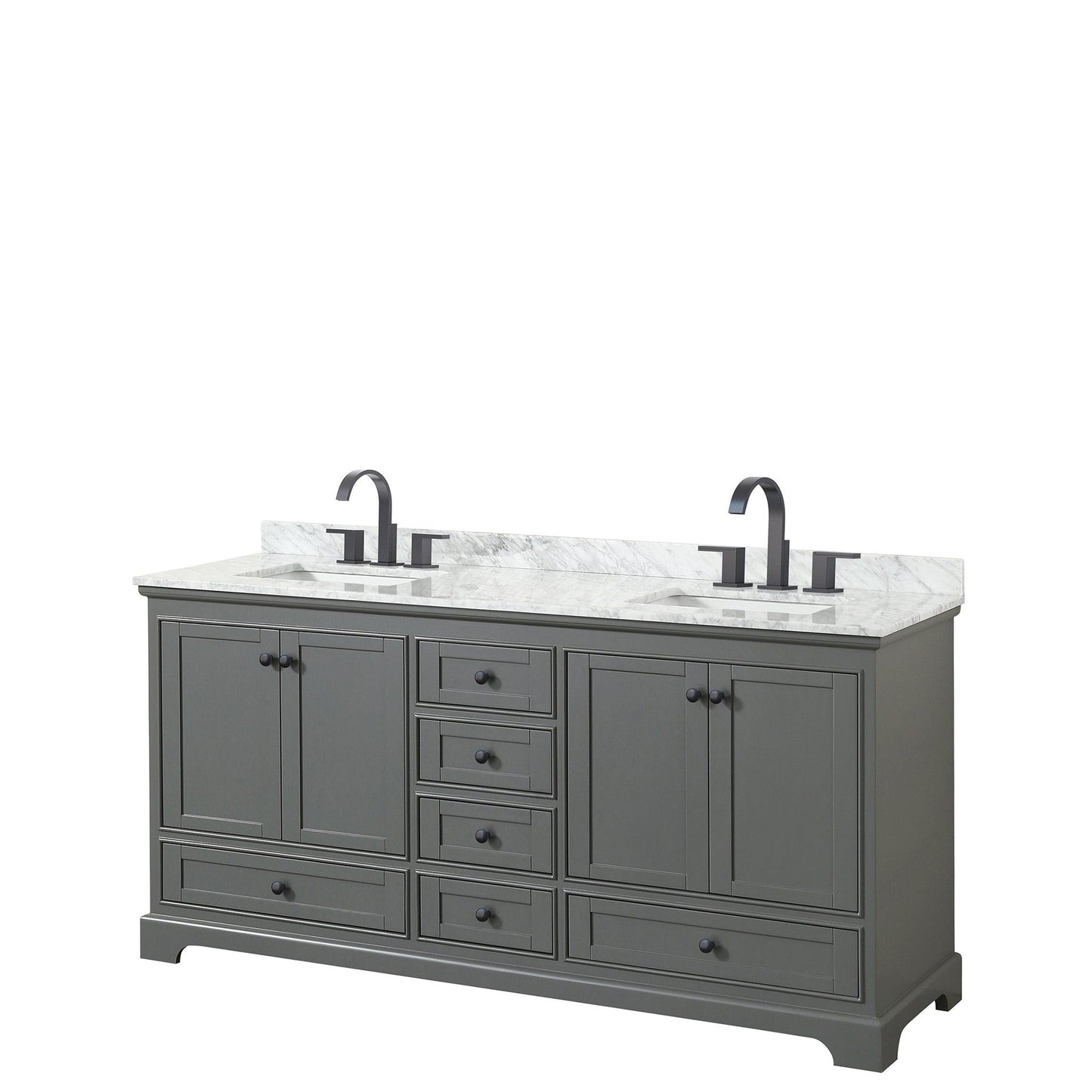 Wyndham Collection Deborah 72" Double Bathroom Vanity in Dark Gray, White Carrara Marble Countertop, Undermount Square Sinks, Matte Black Trim