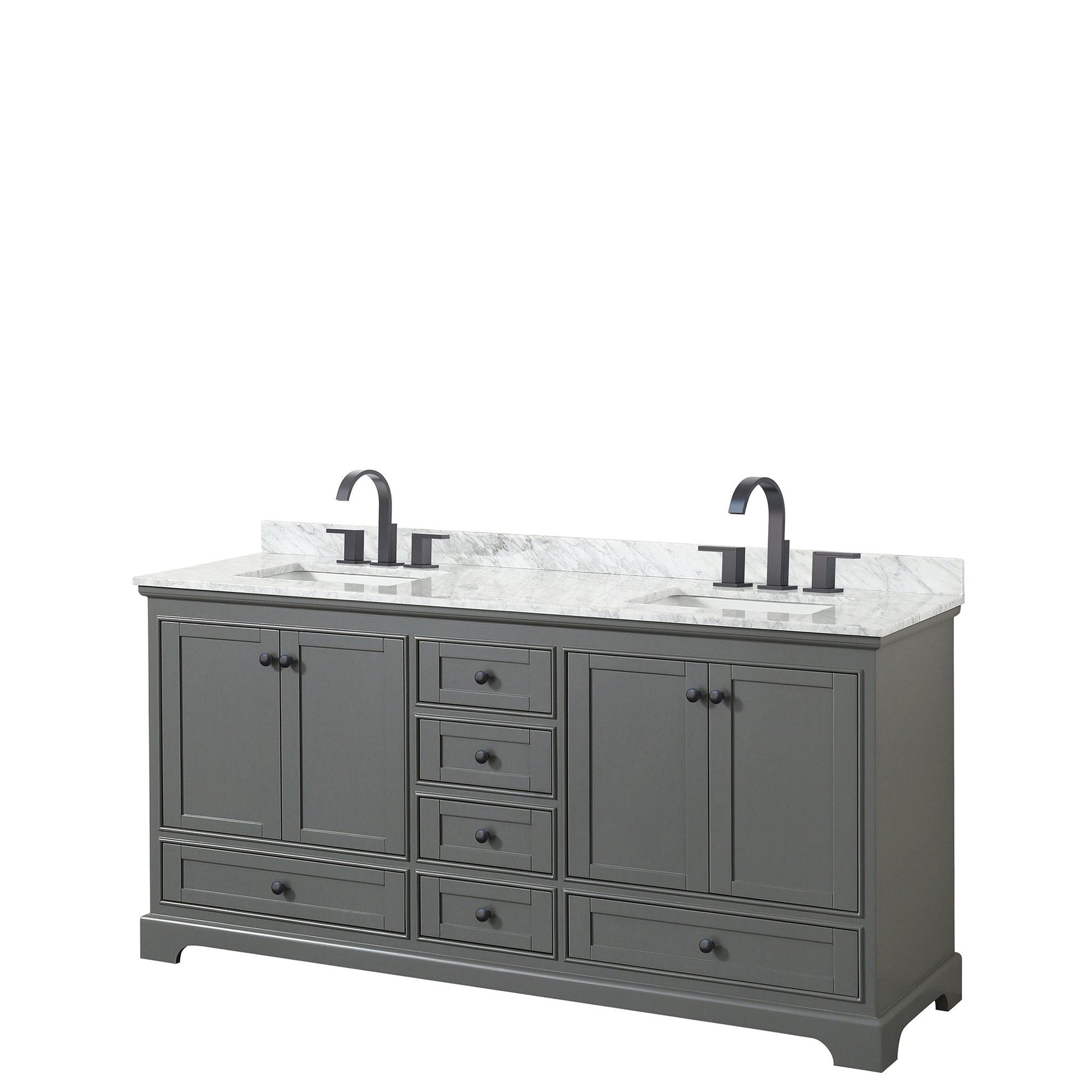 Wyndham Collection Deborah 72" Double Bathroom Vanity in Dark Gray, White Carrara Marble Countertop, Undermount Square Sinks, Matte Black Trim