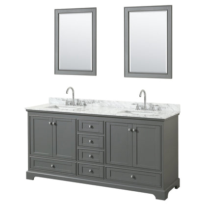 Wyndham Collection Deborah 72" Double Bathroom Vanity in Dark Gray, White Carrara Marble Countertop, Undermount Square Sinks, and 24" Mirror