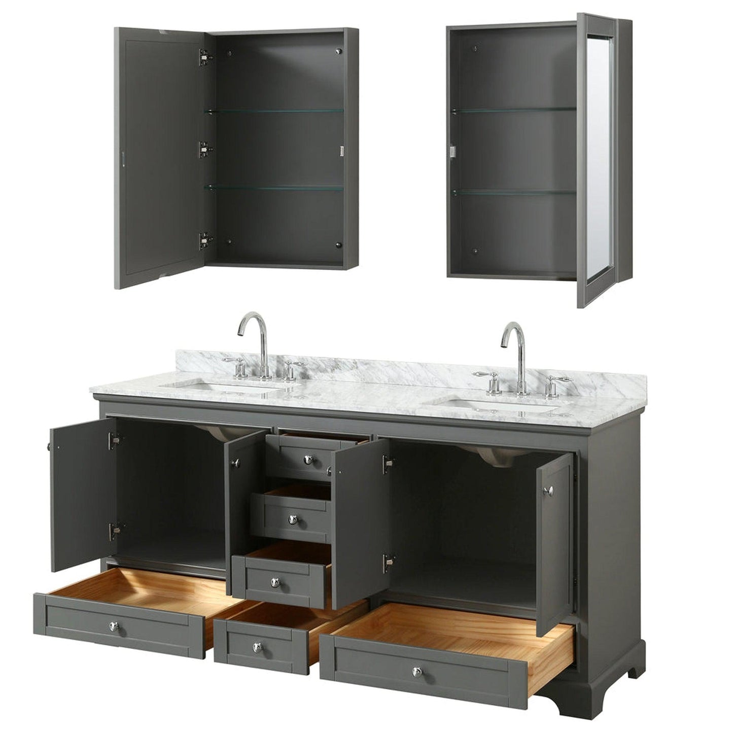 Wyndham Collection Deborah 72" Double Bathroom Vanity in Dark Gray, White Carrara Marble Countertop, Undermount Square Sinks, and Medicine Cabinet
