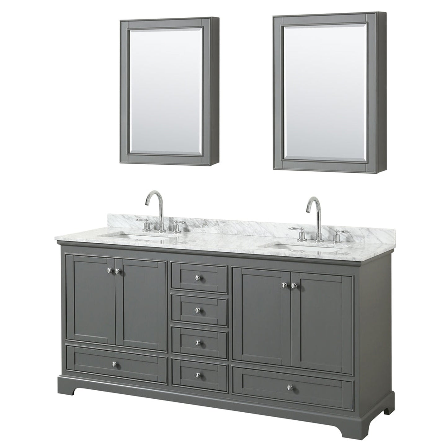 Wyndham Collection Deborah 72" Double Bathroom Vanity in Dark Gray, White Carrara Marble Countertop, Undermount Square Sinks, and Medicine Cabinet