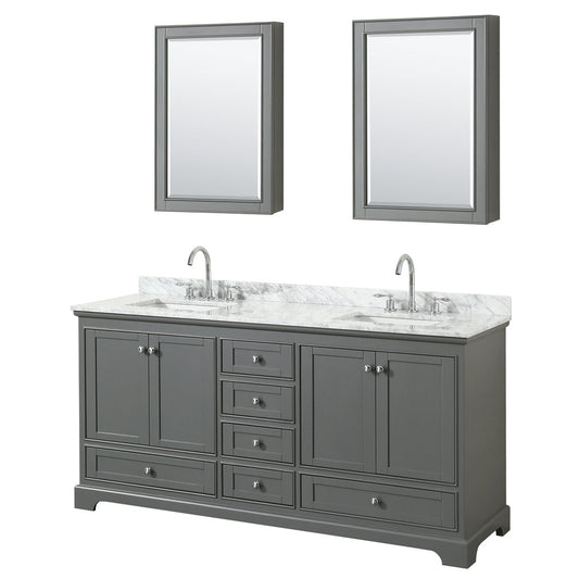 Wyndham Collection Deborah 72" Double Bathroom Vanity in Dark Gray, White Carrara Marble Countertop, Undermount Square Sinks, and Medicine Cabinet