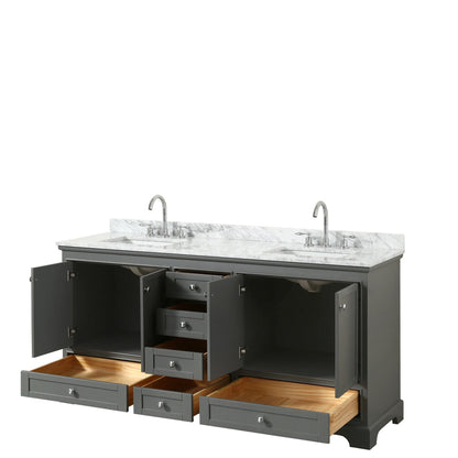 Wyndham Collection Deborah 72" Double Bathroom Vanity in Dark Gray, White Carrara Marble Countertop, Undermount Square Sinks, and No Mirror