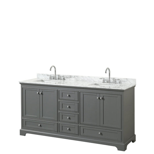 Wyndham Collection Deborah 72" Double Bathroom Vanity in Dark Gray, White Carrara Marble Countertop, Undermount Square Sinks, and No Mirror