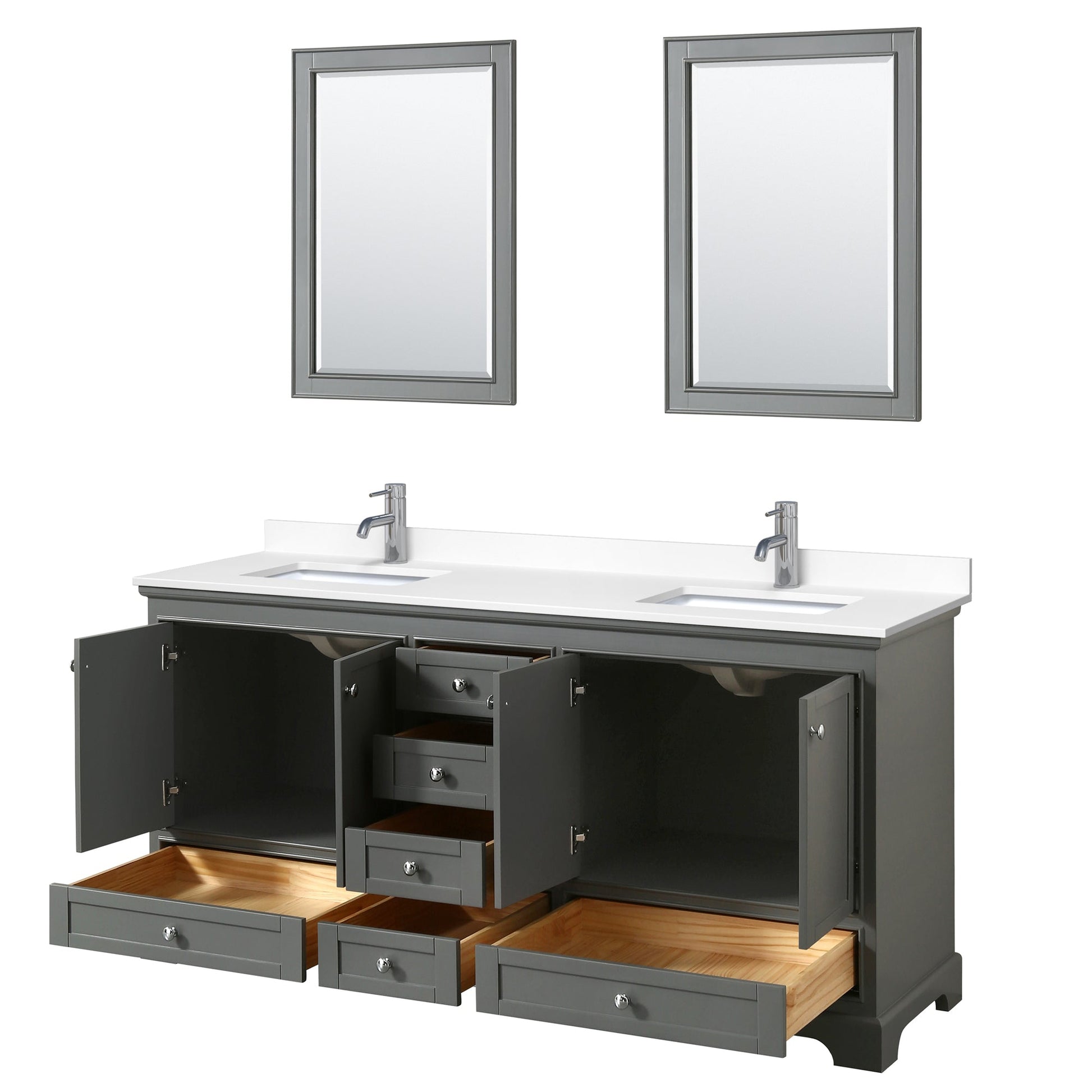 Wyndham Collection Deborah 72" Double Bathroom Vanity in Dark Gray, White Cultured Marble Countertop, Undermount Square Sinks, 24" Mirror
