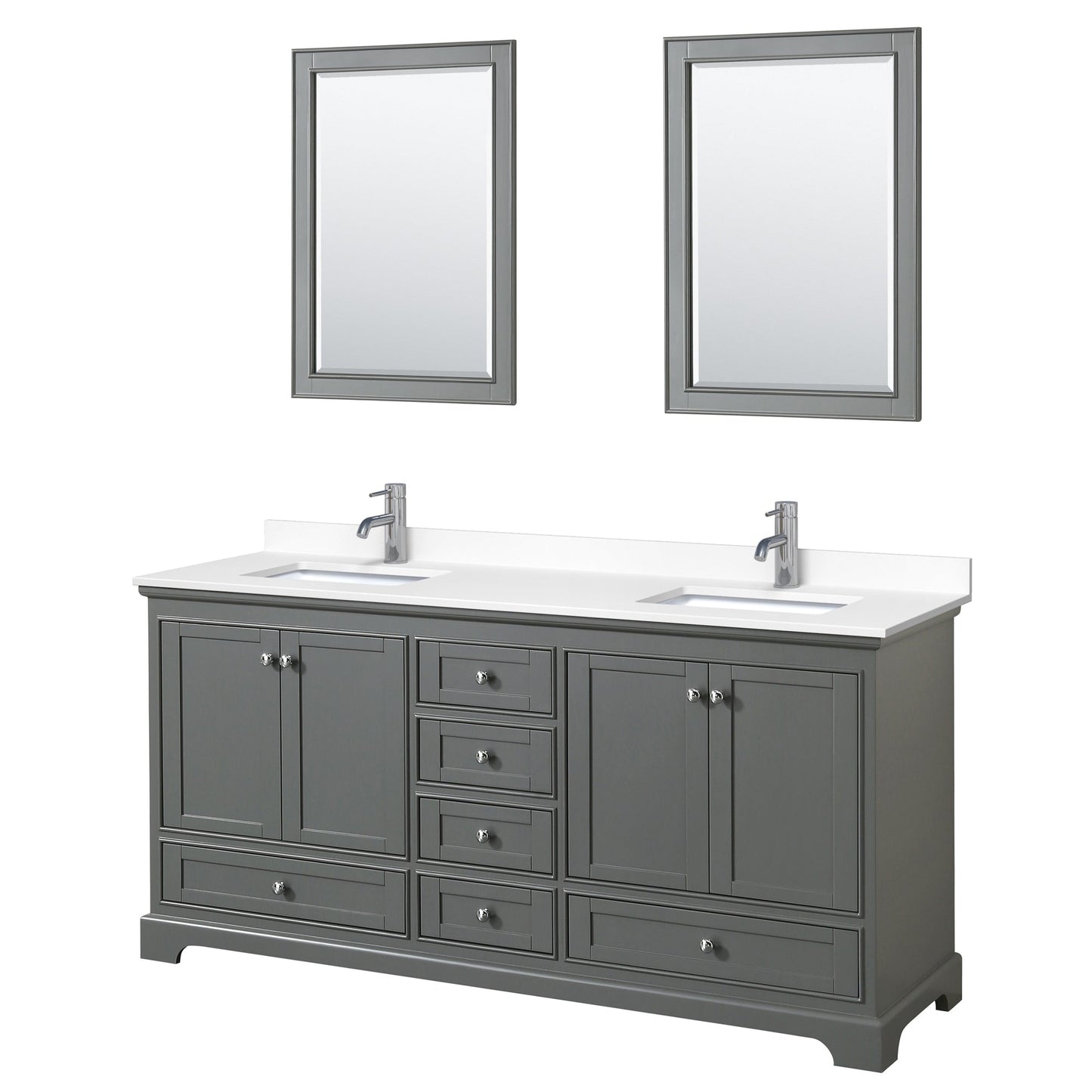 Wyndham Collection Deborah 72" Double Bathroom Vanity in Dark Gray, White Cultured Marble Countertop, Undermount Square Sinks, 24" Mirror