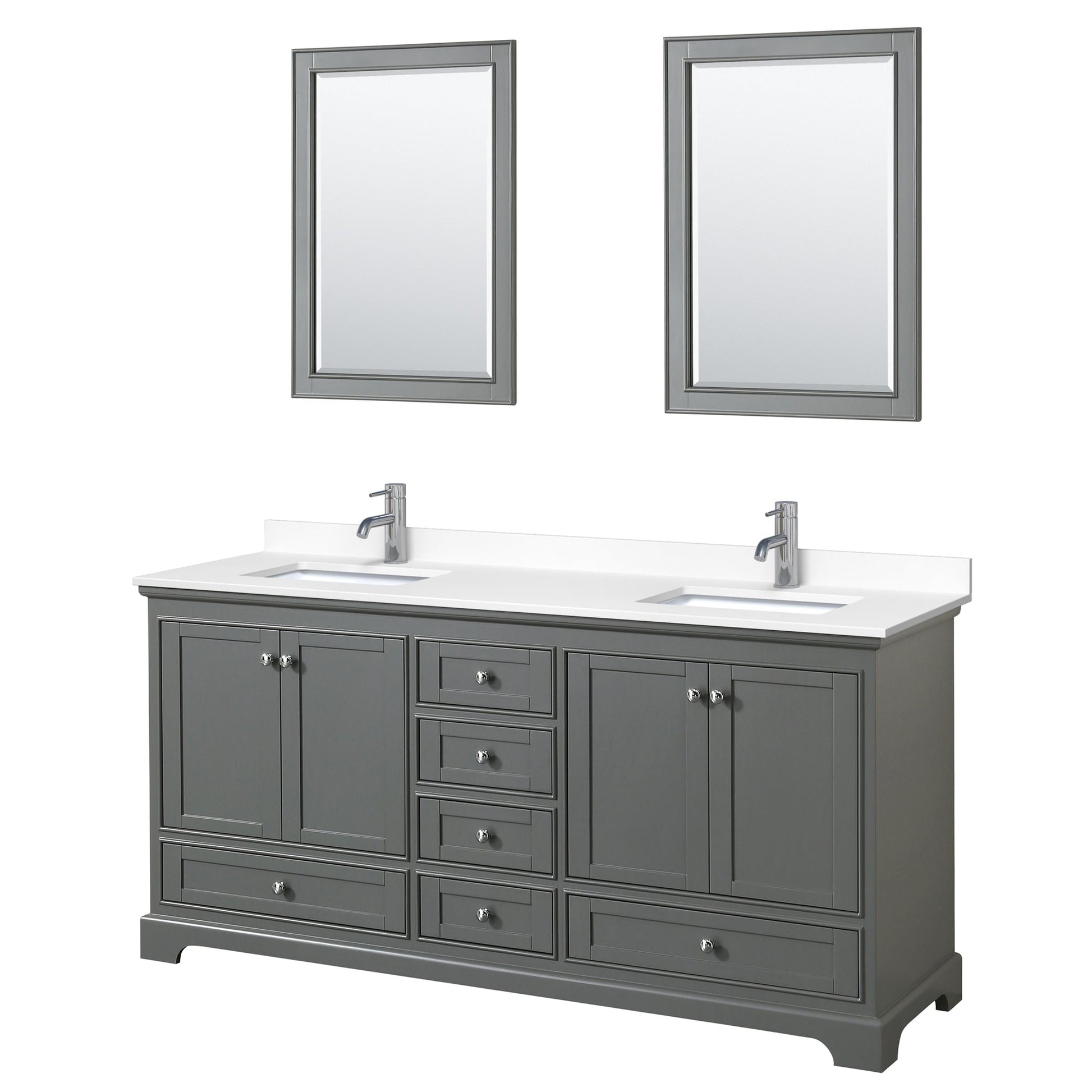 Wyndham Collection Deborah 72" Double Bathroom Vanity in Dark Gray, White Cultured Marble Countertop, Undermount Square Sinks, 24" Mirror