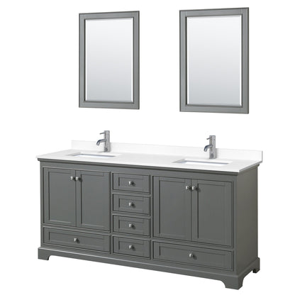 Wyndham Collection Deborah 72" Double Bathroom Vanity in Dark Gray, White Cultured Marble Countertop, Undermount Square Sinks, 24" Mirror
