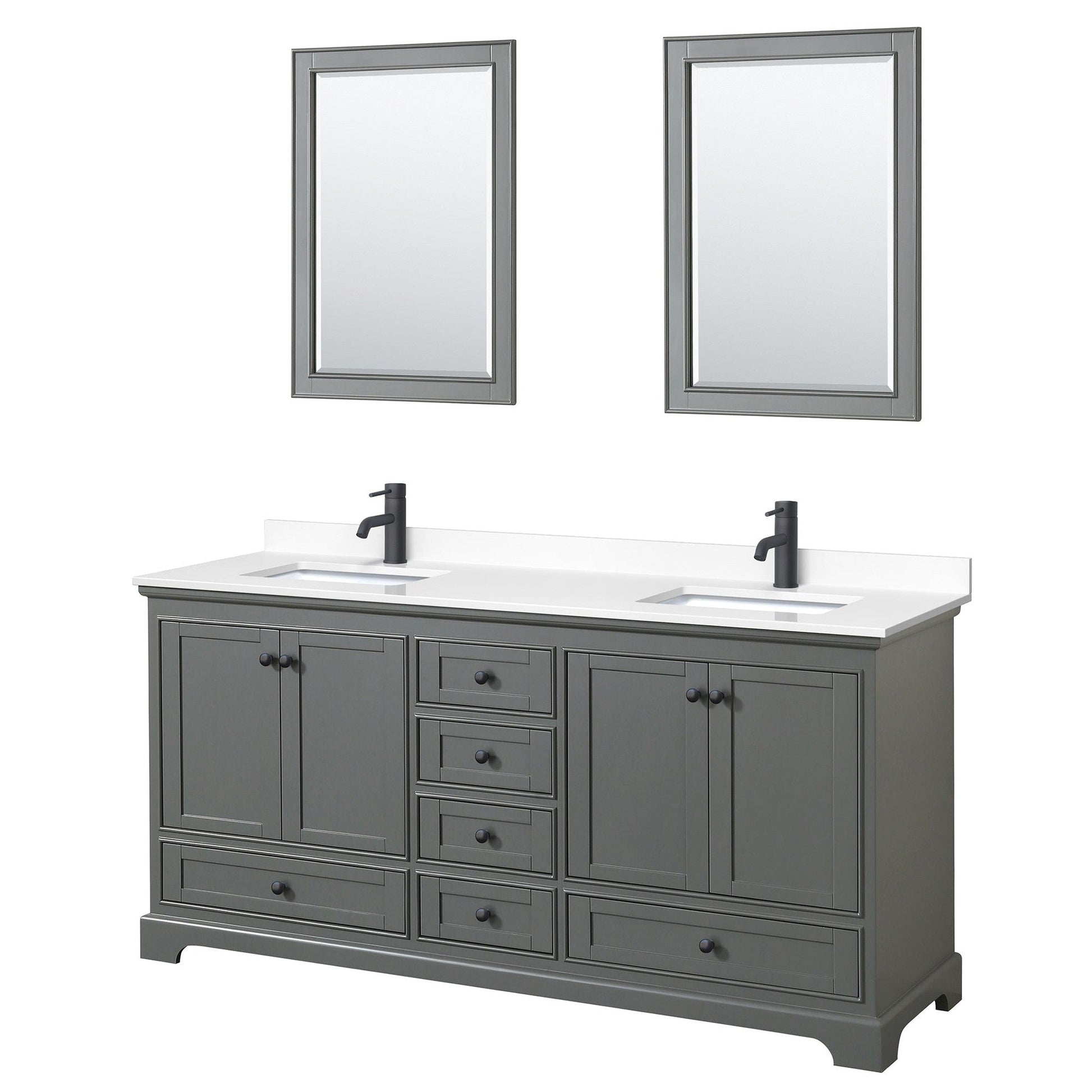 Wyndham Collection Deborah 72" Double Bathroom Vanity in Dark Gray, White Cultured Marble Countertop, Undermount Square Sinks, Matte Black Trim, 24" Mirrors