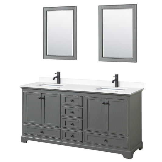 Wyndham Collection Deborah 72" Double Bathroom Vanity in Dark Gray, White Cultured Marble Countertop, Undermount Square Sinks, Matte Black Trim, 24" Mirrors